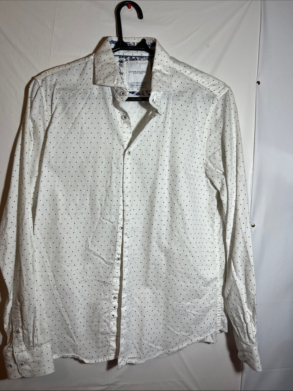 Denim & Flower White Button-Up Shirt with Black Micro Dots